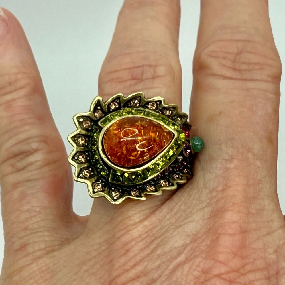 Vintage Heidi Daus Statement Ring – Amber Cabochon w Multi-Color Crystals Sz 7 - Picture 16 of 17